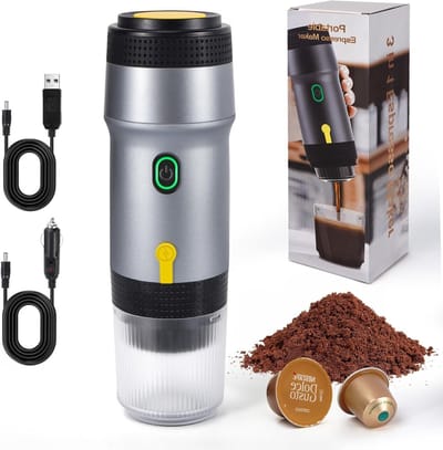 Draagbare Mini Koffiemaker voor Espresso, Geschikt voor Capsules en Koffiepoeder, Ideaal voor Auto en Buitenactiviteiten, Snelle Verwarming, Zilver