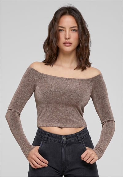 Urban Classics - Off shoulder Glitter Longsleeve top - XS - Goudkleurig