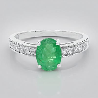 Cavill - Ring 925 Sterling Zilver Geplatineerd - Bahia Smaragd 0.93 ct Ovaal & 0.301 ct Briljant Pavé Zirkonia - Luxe Zilveren Damesring Maat 17