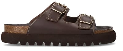Sacha - - Donkerbruine leren slippers met goudkleurige buckles - Maat 36