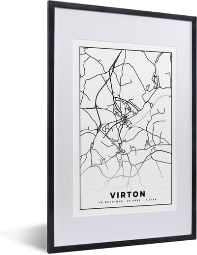 Fotolijst incl. Poster Zwart Wit- België – Virton – Stadskaart – Kaart – Zwart Wit – Plattegrond - 40x60 cm - Posterlijst
