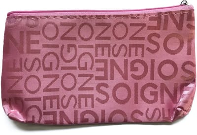 Klein make-up tasje / toilettasje / organizer / etui - roze - mat met glanzende woorden SOIGNE - met rits - waterafstotend - afmeting 18,5 x 10,5 x 2 centimeter