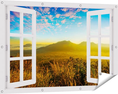 Gards Tuinposter Doorkijk Bergen met Mist in Thailand - 120x80 cm - Tuindoek - Tuindecoratie - Wanddecoratie buiten - Tuinschilderij