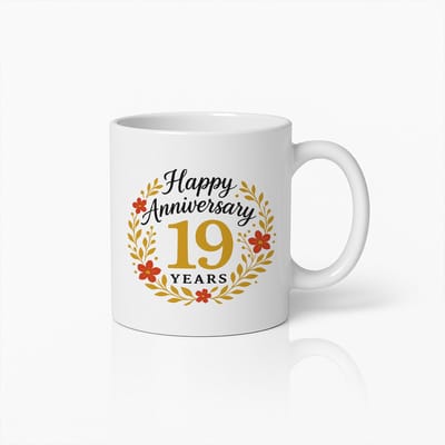 Elegante "Gelukkige 19 Jaar Jubileum" Mok 330ml – Prachtig Bloemmotief Koffiebeker voor Speciale Gelegenheden