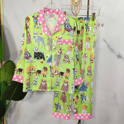 Herfst Zijden Nachtkleding Groene Cartoon Print Dames Pyjama Set Lange Mouwen 2 Stuks met Broek Satijnen Vest Thuiskleding Vrouwelijk L groen