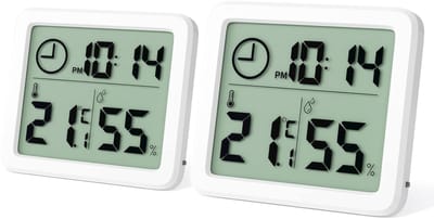 2 x mini digitale binnenthermometer, draagbaar professioneel groot scherm met klok, nauwkeurige witte thermometer, hygrometer voor thuis, babykamer, kantoor, kas