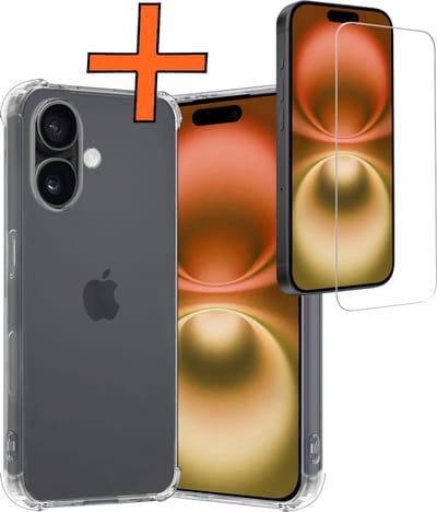 Hoes - Met Screenprotector - Geschikt voor Apple iPhone 16 - Sterk & Shockproof - Siliconen Case - Back Cover - Telefoon Hoes - Shock Proof - Transparant