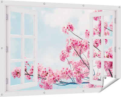Gards Tuinposter Doorkijk Roze Bloesemboom - Bloemen - 150x100 cm - Tuindoek - Tuindecoratie - Wanddecoratie buiten - Tuinschilderij