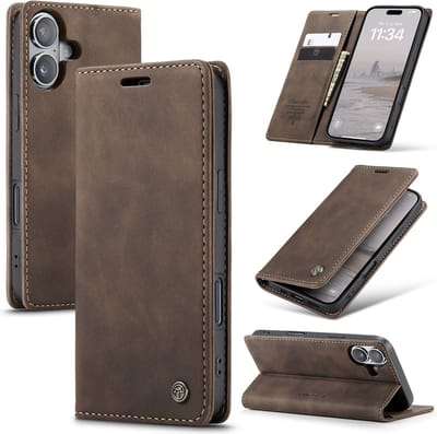 Caseme Hoesje Geschikt voor Apple iPhone 16 Plus - 2 Kaartvakken en 1 Geldvak - Retro Wallet Book Case Hoesje - Coffee