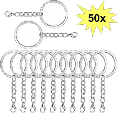 Fako Bijoux - Sleutelringen Met Karabijnsluiting - Sleutelhanger Ringen - Splitringen Met Ketting - RVS - Plat - 25 mm - 50 Stuks