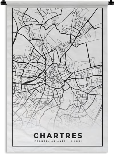 Wandkleed - Wanddoek - Frankrijk – Kaart – Plattegrond – Stadskaart - Chartres - Zwart wit - 120x180 cm - Wandtapijt