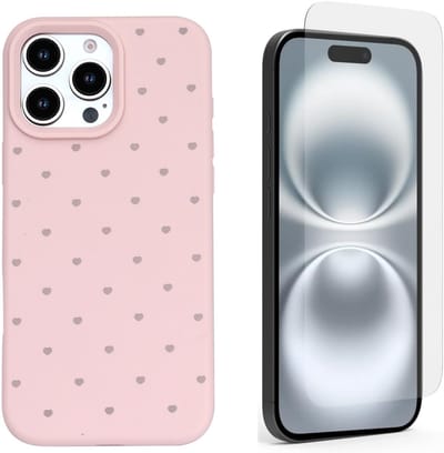 Hoesje en Glas Geschikt voor iPhone 15 Pro - Roze - Casemania Stevige Siliconen Back Cover met Hartjes Print - 1x Glazen Screenprotector