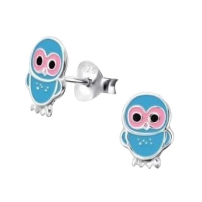 Aramat Jewels | Oorbellen | Vrolijke Zilveren Uiltjes Oorbellen - Lichtblauw Emaille | | | |9mm | Zilver | Kinderen | Verkleurd niet