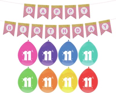 Haza Verjaardag 11 jaar geworden versiering - 16x thema ballonnen/1x Happy Birthday slinger 300 cm