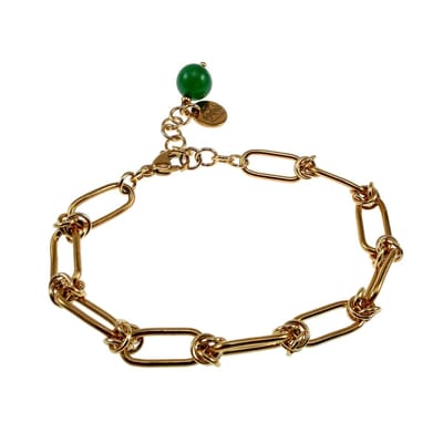 Armband Dames - Verguld RVS - Paperclip Schakelsarmband met Donkergroen Jadesteen - Verstelbaar 15cm tot 19cm