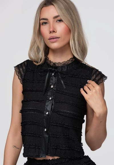 OMBRE Blouse - Slim Fit - Katoen - Korte Mouw Zwart M/L