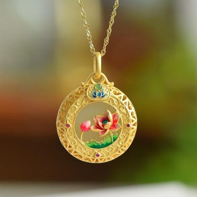 Etnische Stijl Prachtige Emaille Lotusbloem Hanger Natuurlijke An Jade Ketting Oude Gouden Ambacht Kan De Gawu Doos Openen Sieraden 45cm brown