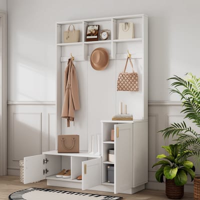 DESMIU Kapstok Met Schoenenbank - Met 3 Haken En Verstelbare Plank - Voor Hal En Entree - Spaanplaat En Metaal - 120x40x200 Cm - Wit