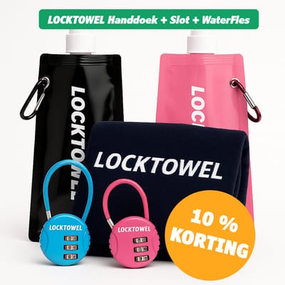 LockTowel Gym Gift Set - Zwart/Blauw – Handdoek + Slot + Fles – Sportief cadeau voor Sinterklaas of Kerst – Ideaal voor goede voornemens