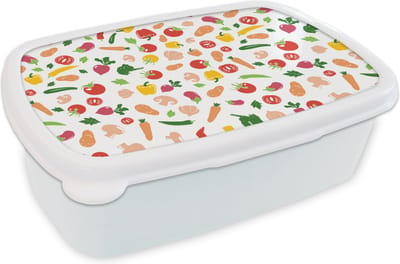 Broodtrommel Wit - Lunchbox - Brooddoos - Groenten - Regenboog - Vegan - Patroon - 18x12x6 cm - Volwassenen