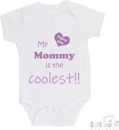 100% katoenen Romper "My mommy is the coolest!! / I love you" Moeder Moederdag Mama Meisjes Katoen Wit/lila Maat 62/68
