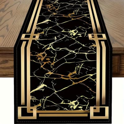 Zwart Gouden Marmerpatroon Tafel Runner, Artistieke Decoratie voor Eettafel 40x140cm