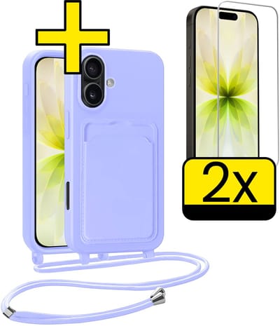 Hoesje Geschikt voor iPhone 17 Telefoonhoesje Met Koord Case Pashouder Met 2x Screenprotector Siliconen - Hoes Geschikt voor iPhone 17 Hoesje Met Kaarthouder - Lila