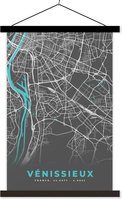 Posterhanger incl. Poster 40x60 cm - Schoolplaat - Vénissieux - Frankrijk - Kaart - Stadskaart - Plattegrond - Textielposter - Zwarte latten - Stadskaart
