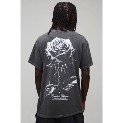 Oversized T-shirt Met Rozenprint En Washed Afwerking | Washed Charcoal | Size Small
