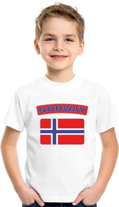 Supporters kleding - t-shirt van vlag Noorwegen - wit - voor kinderen - korte mouwen - sport 110/116