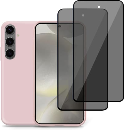 Hoesje + 2x Privé Screenprotector geschikt voor Samsung Galaxy S24 – Privacy Tempered Glass - Back Case Cover Rose