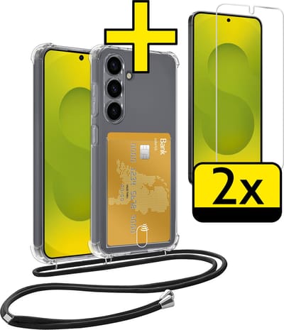 Hoesje Geschikt voor Samsung S25 Telefoonhoesje Met Koord Case Pashouder Met 2x Screenprotector Siliconen - Hoes Geschikt voor Samsung Galaxy S25 Hoesje Met Kaarthouder - Transparant