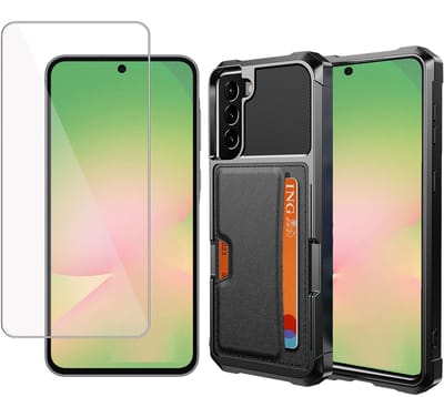 Pasjes Houder Hoesje & Screenprotector geschikt voor Samsung Galaxy A56 / A36 Hoesje Screenprotector - Gehard Glas Cover + Heavy Duty Case - Magnetisch Portemonnee Hoesje Cover - Zwart