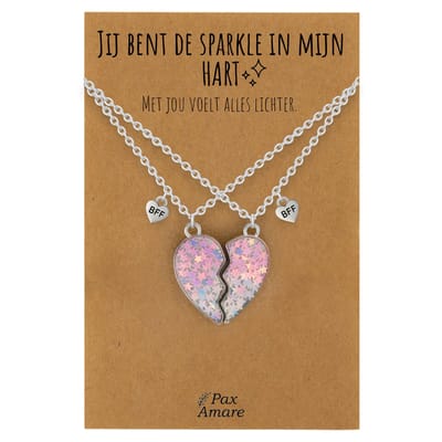 BFF Ketting voor 2 'Jij bent de sparkle in mijn hart' - Magnetisch Hartje - Vriendschapsketting op Cadeau Kaartje - 45cm + 5cm verstelbaar - Zilverkleurig - Best Friends Hanger - Pax Amare