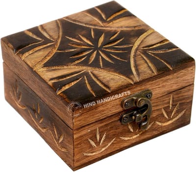 Antieke Handgemaakte Houten Urn Vierkante Sieradendoos Juwelen Opslag en Decoratie