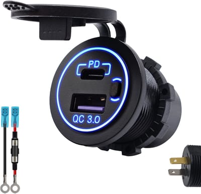 ProRide 12V USB/USB C Stopcontact 2 Poorten Inbouw met Schakelaar - QC3.0 - met Aansluitkabel 60cm en Glaszekering 10A - Blauw