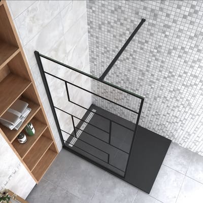 Inloopdouche 120x200cm met zwart decor,8mm Nano EasyClean veiligheidsglas + N-vorm: 90 cm Stabilisatiestang