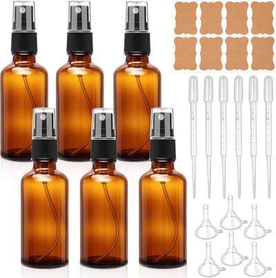 SnelShoppen - Set van 6 Refillbare 50ml Sprayflessen Bruin Glas met Pipetten en Trechter - Ideaal voor Essentiële Olie, Parfum, Cosmetica en Aromather