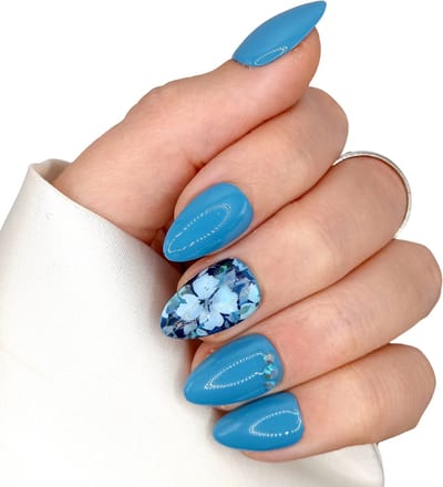 SD Press on Nails - B-227 - Plaknagels - Nagelset 20 Nagels - Blauw, Bloem, Steentje - Gellak - Nagellak - XS Stiletto Nageltips - Nepnagels met Lijm - Kunstnagels - Nail Art - Handmade - Valse nagels - Nagelvijl - Accessoires