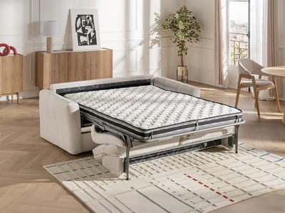 Vente-unique Driezitsslaapbank express in beige chenille stof - Slaapoppervlak 140 cm - Matras 13 cm DOVENA van Maison Céphy