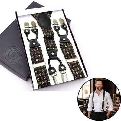 Sorprese - Luxe Chique Bretels - Retro Chic - Zwart Leer - 6 Stevige Clips - Bretels Heren Volwassenen - Inclusief Cadeaudoos