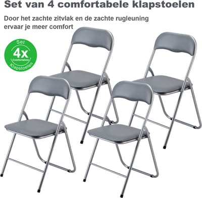 BARDI Set van 4 - Klapstoel - Vouwstoel - Opvouwbare Stoel - Comfortabel & Lichtgewicht - 100kg draagkracht - 43 x 38 x 87 cm - PVC - Eettafelstoel - GRIJS