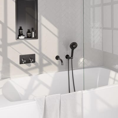 Brauer Gunmetal Edition Thermostatische Inbouw Badkraan Drukknoppen - Uitloop - 3 stand - Doucheslang - Wandaansluitbocht - Handdouche - Gunmetal Geborsteld Pvd