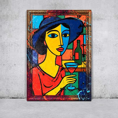 Canvas schilderij landschapsformaat handgeschilderd dame in de bar glamour – YS-Art Gallery – Glamoureuze wanddecoratie voor woonkamer – Modern schilderij voor hal en kantoor