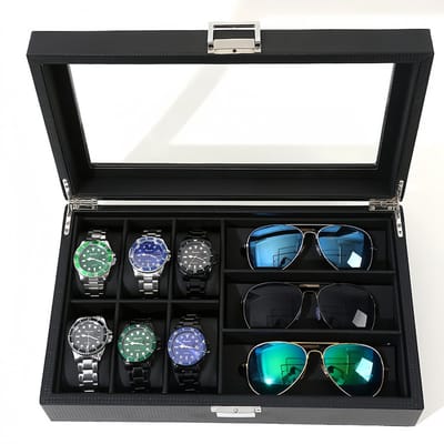 Decopatent - Luxe PU Horloge Doos en Zonnenbrillen Doos in 1 - Horlogebox - Zonnenbrillen box - Geschikt voor Heren en Dames - Horloge / Zonnebrillen Opbergdoos - 6 Horloge Vakken & 3 Zonnenbrillen Vakken - Zwart met Zwarte Inleg