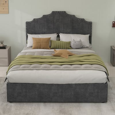 Wishdor Gestoffeerd Bed – 140 x 200 cm – Geometrisch Hoofdbord met Siernagels – Stof en Metaal Grijs – Lattenbodem met Vochtbescherming – Zachte Hollandse Wol – Stijlvol voor Moderne Slaapkamer – Eenvoudige Montage