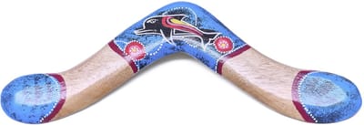 Boemerang Wide Tip Blauw – Houten Werpboemerang met Aboriginal beschildering (40 cm)