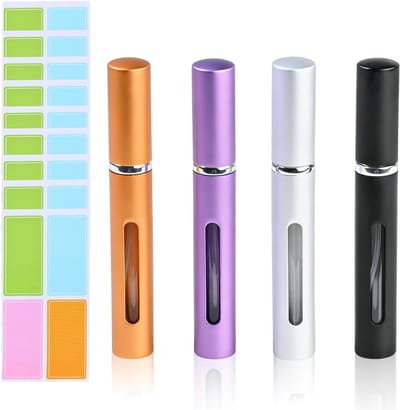 Set van 4 Navulbare Parfumatomisers 5ml - Draagbare Mini Sprayflessen met Venster voor Reizen - Luxe Accessoires in Zwart, Zilver, Goud en Paars