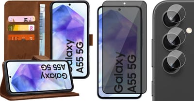 Hoesje geschikt voor Samsung Galaxy A55 - Privacy Screenprotector Volledig Dekkend Glas & Camera - Portemonnee Book Case Bruin