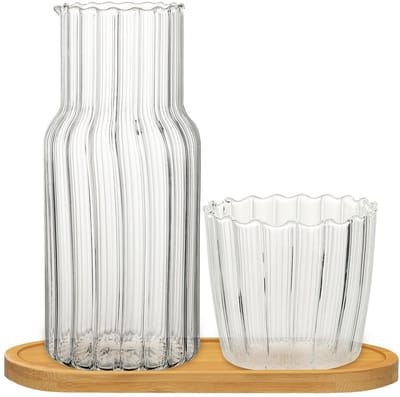 Karaf en glazen beker, 20 oz nachtkastje karaf met beker en houten pallet voor gasten, slaapkamer, badkamer, woonkamer